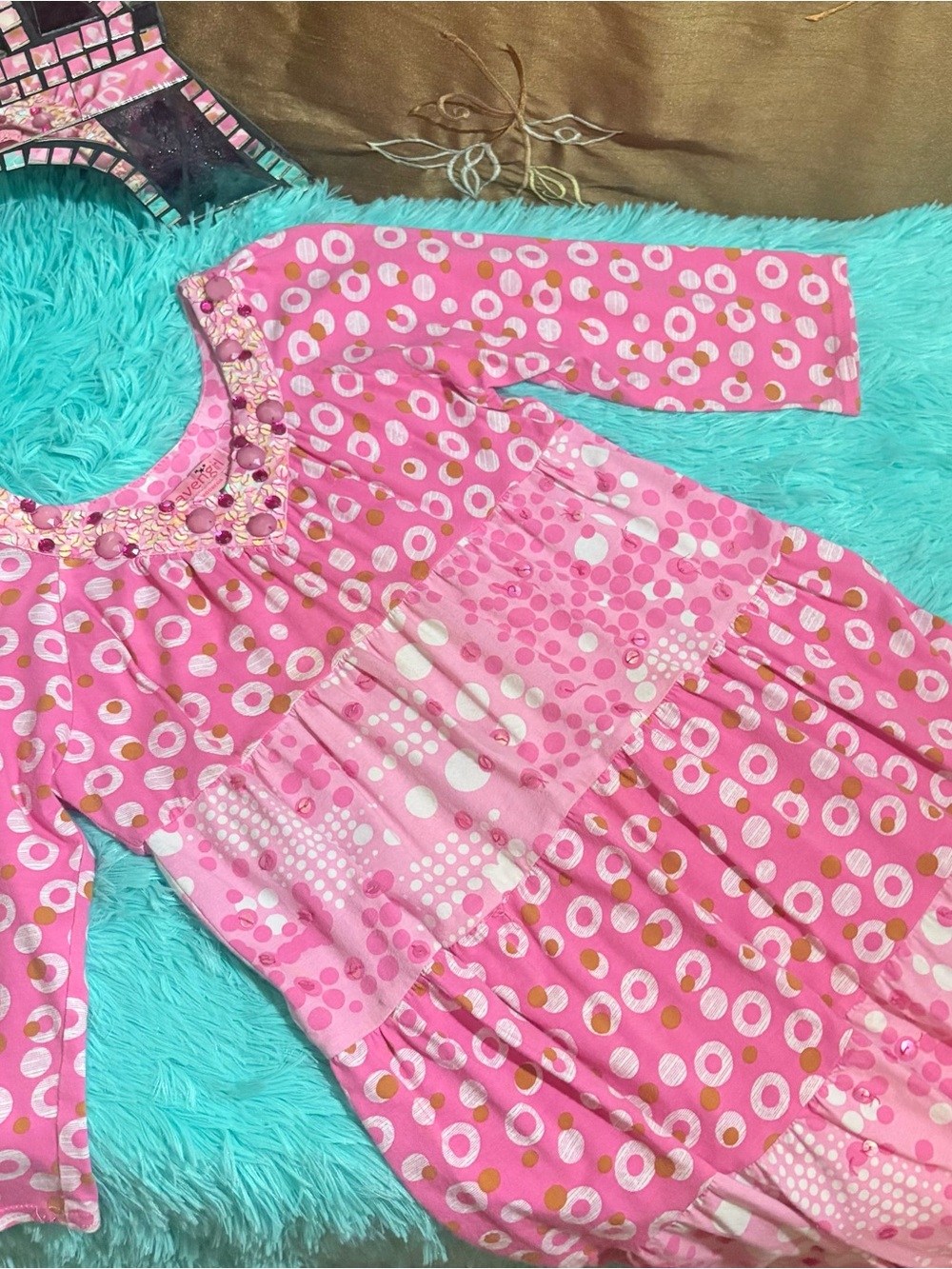 HavenGirl Pink Polka Dot Jeweled V-Neck Design Slip On Dress Size M 10/12